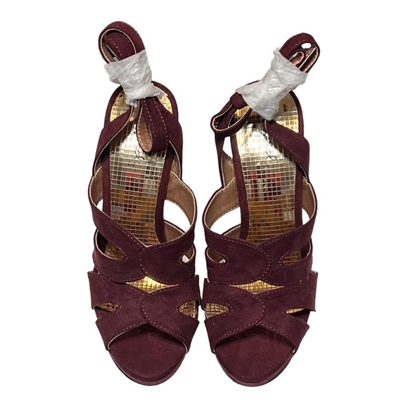 Qupid Reflective Platform High Heel Sandals Burgundy Faux Suede Open Toe Cutout - Picture 3 of 8